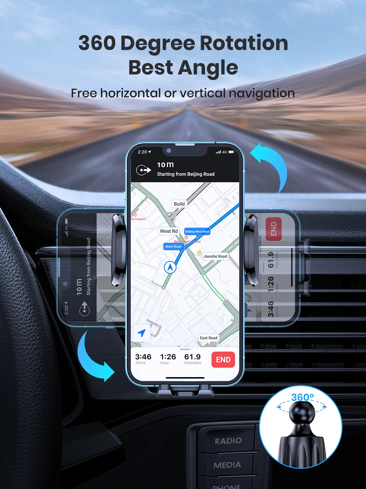 Car Phone Holder – 360 Degree Rotation – Universal Mount | KIMLUD