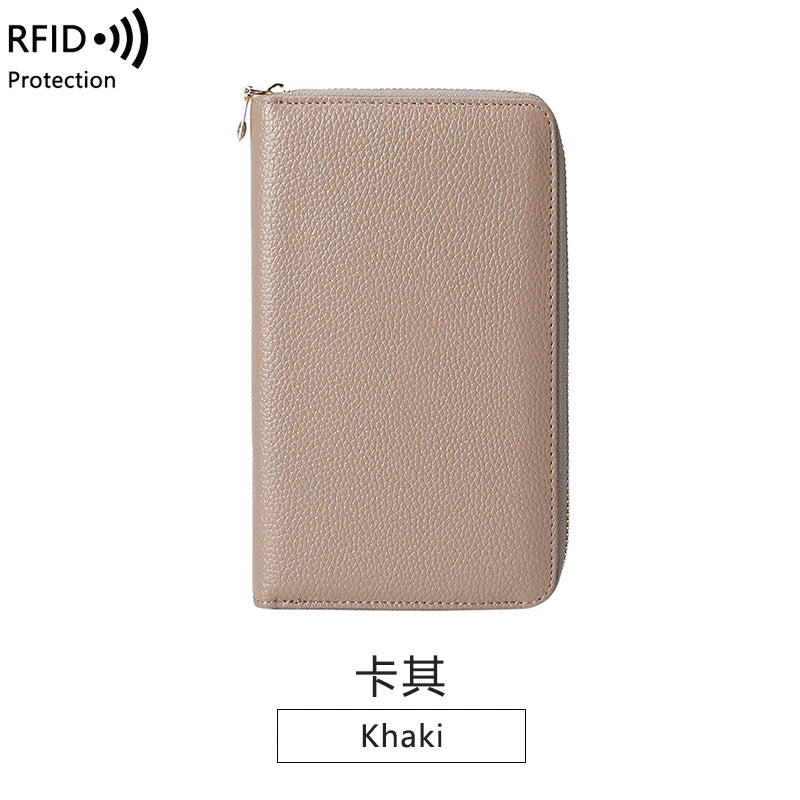 RFID Anti-Theft Cowhide Leather Wallet — Long Passbook Card Slots Black | KIMLUD