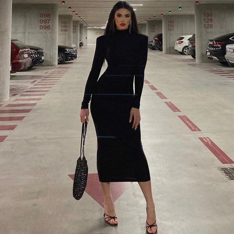 Hugcitar Women Fashion Turtleneck Long Sleeves Black Sexy Bodycon Maxi Prom Dress Fall Casual Clothes Streetwear Party Festival