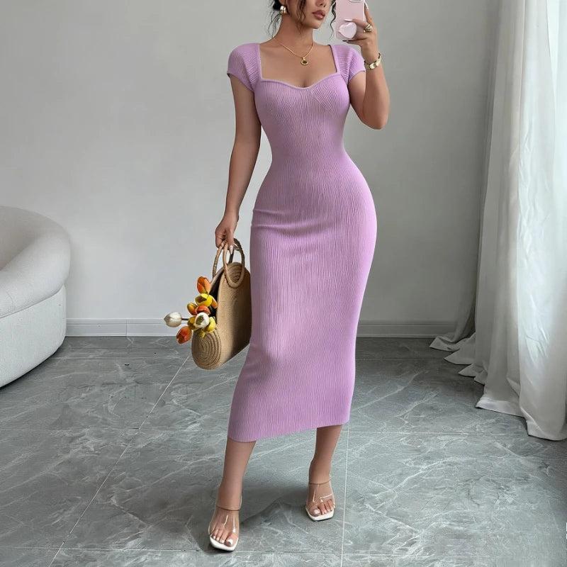 Knit Ribbed Bodycon Midi Dress Sleek — Purple | KIMLUD