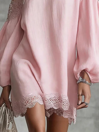 Polyester Lace Trim Off-Shoulder Mini Dress — Ivory | KIMLUD