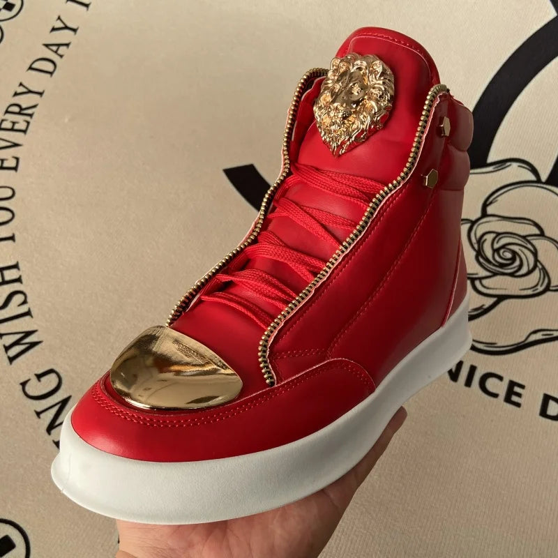 Artificial Leather Sneakers Lion Head Crest Embellishment Patchwork Texture — Crimson Red | KIMLUD