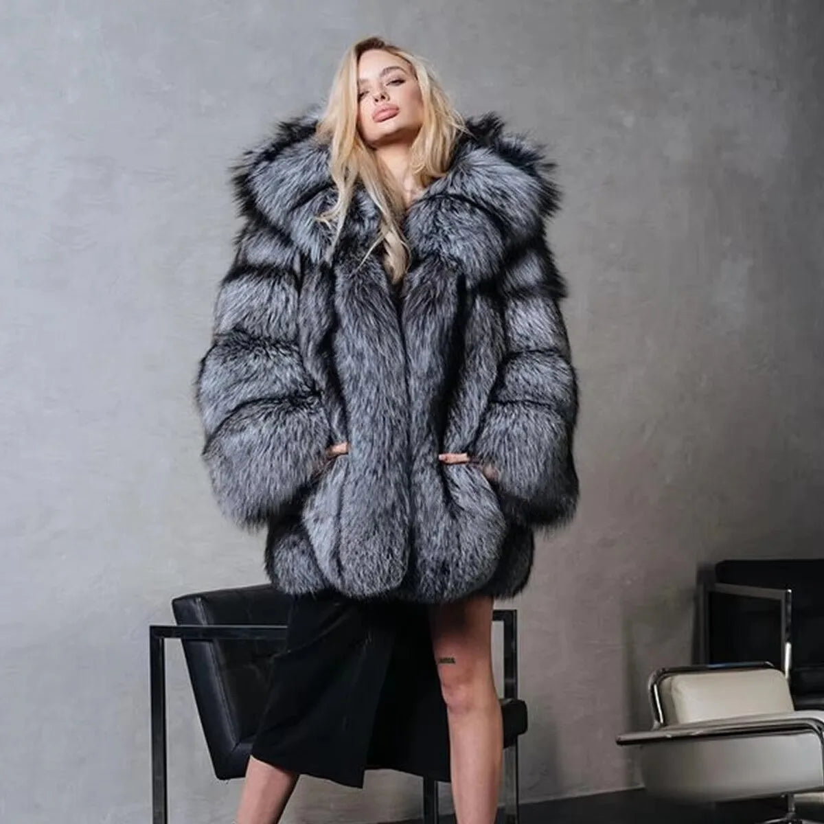 Fur Coat – Turn-Down Collar – Long Silhouette – Brown | KIMLUD