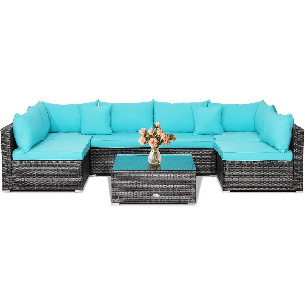 7 Pieces Patio Furniture Set, Patiojoy All-Weather Outdoor Rattan Sectional Sofa Set with Cushions and Tempered Glass Coffee Ta