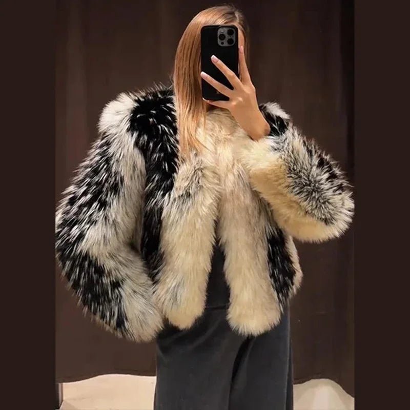 Stylish Contrast Faux Fur Women Coat Elegant O-neck Single Breasted Full Sleeve Female Coats 2025 Winter Chic Lady Jacket