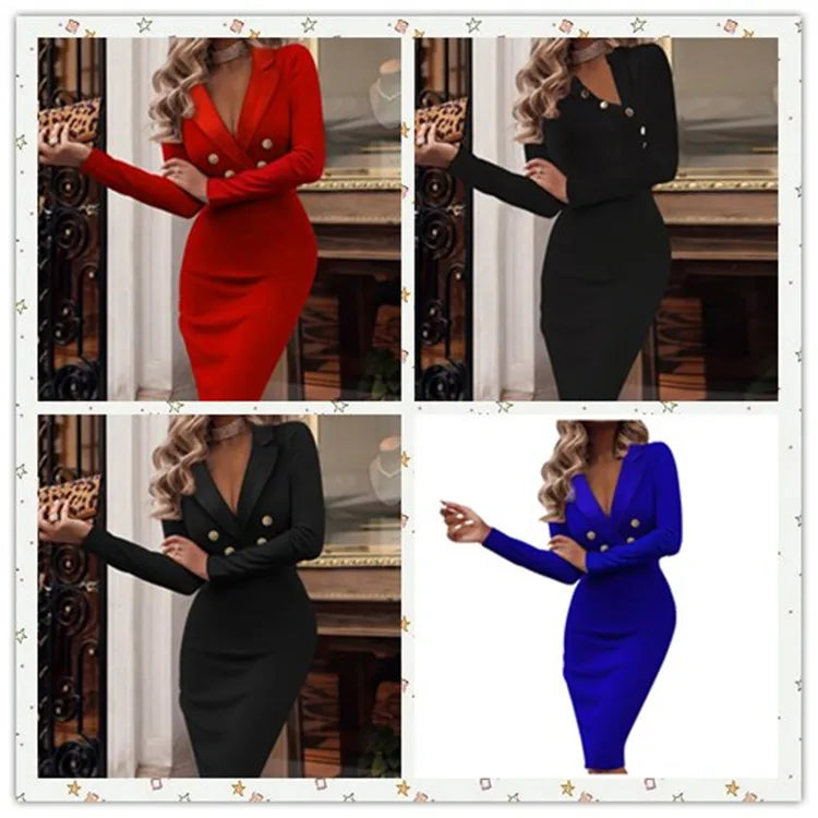 Knee-Length Dress – V-Neck Double Breasted – Polyester | KIMLUD