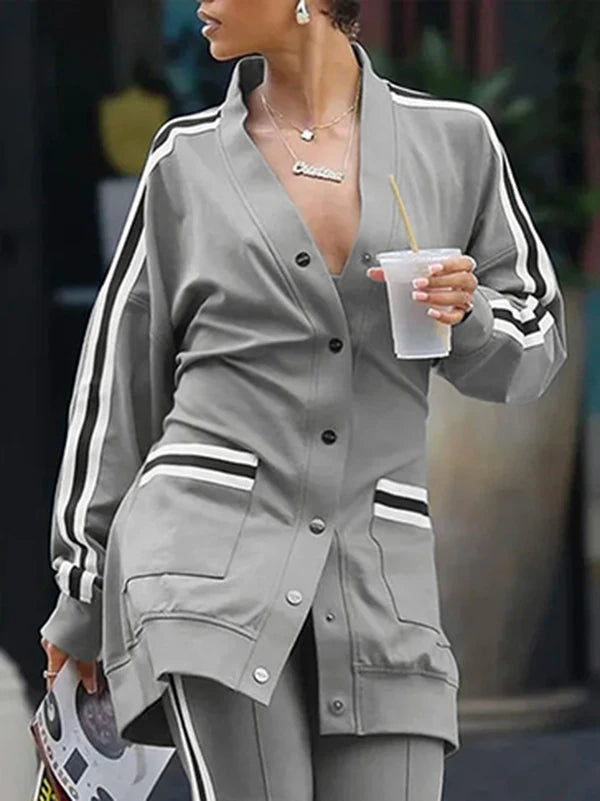Stretch-Knit Polyester Spandex Jacket Raglan Sleeve Color Block V-Neck — Gray | KIMLUD
