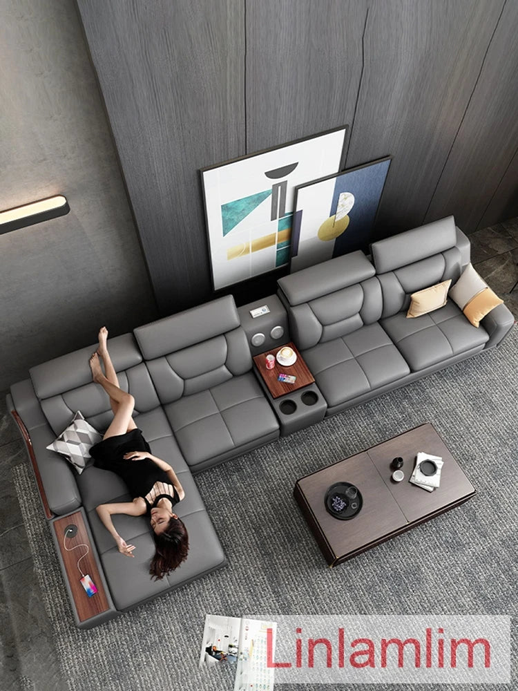 Italian Genuine Leather Sofa Featuring Bluetooth Speaker — Slate Gray | KIMLUD