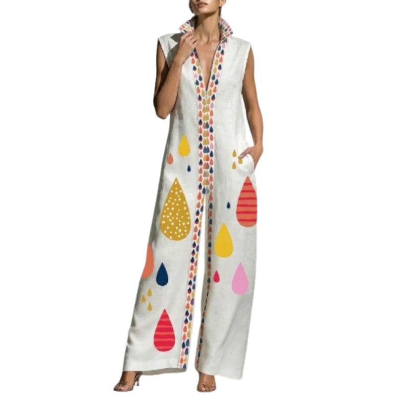 Jumpsuit – Colorful Printed Zipper Wide Leg – Polyester | KIMLUD