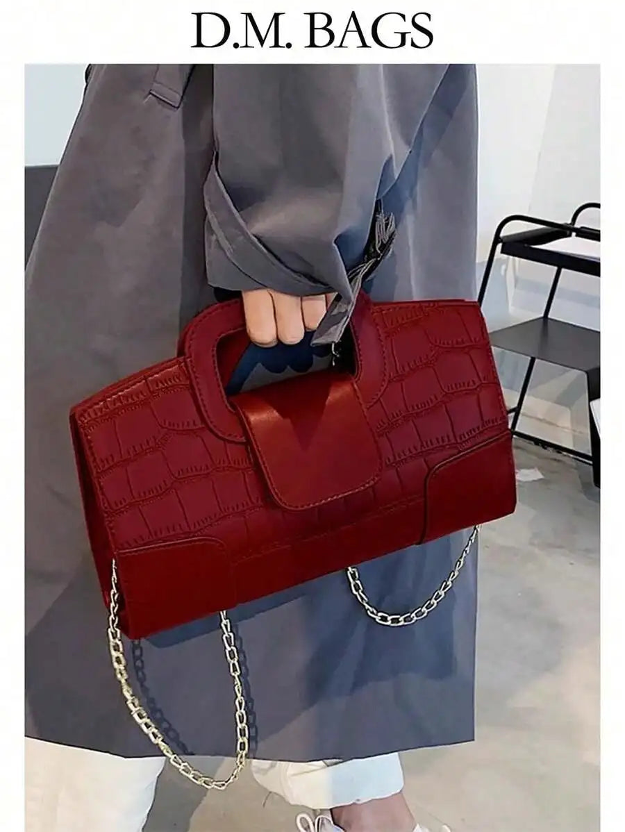 Black PU Croc-Texture Patchwork Clutch with Top Handle for Evening Events