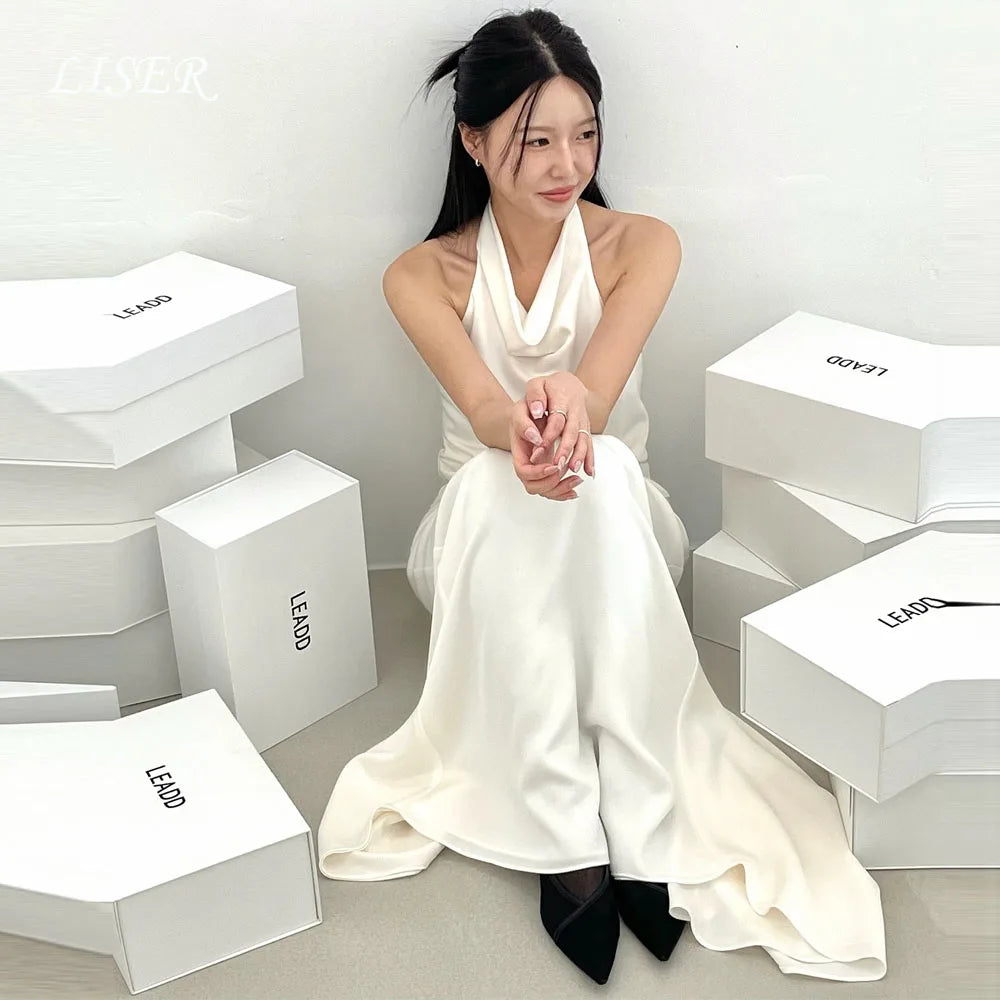 Liser Halter A-Line Simple Korea Wedding Dress Designed Silk Satin Elegant Long Bridal Gowns Photo Shoot 저녁 드레스 Customized
