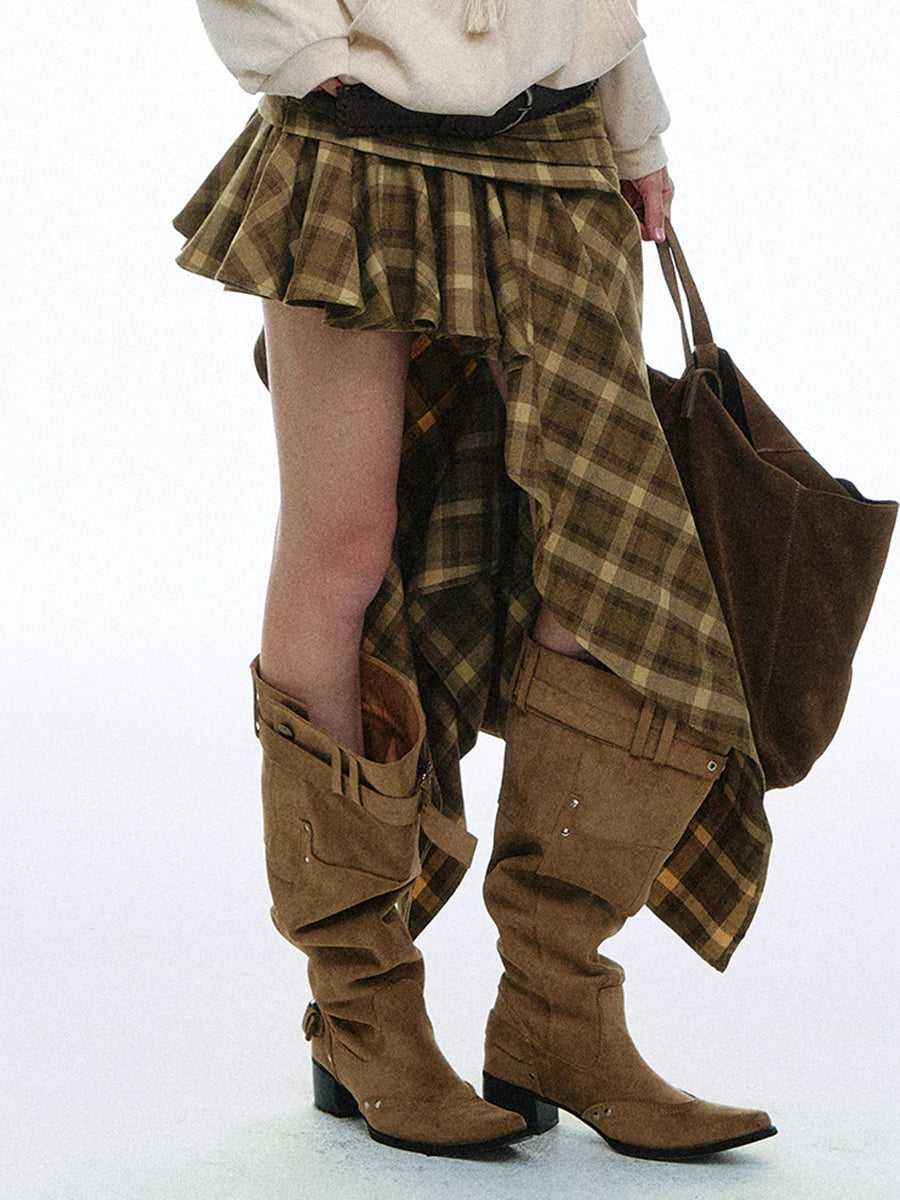 Skirt – Asymmetric Wrap Ruched Waist – Polyester – Plaid | KIMLUD