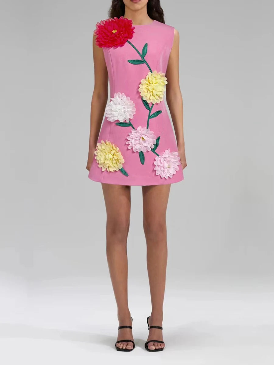 TWOTWINSTYLE hit color spliced appliques slimming dresses for women o neck sleeveless high waist temperament mini dress female