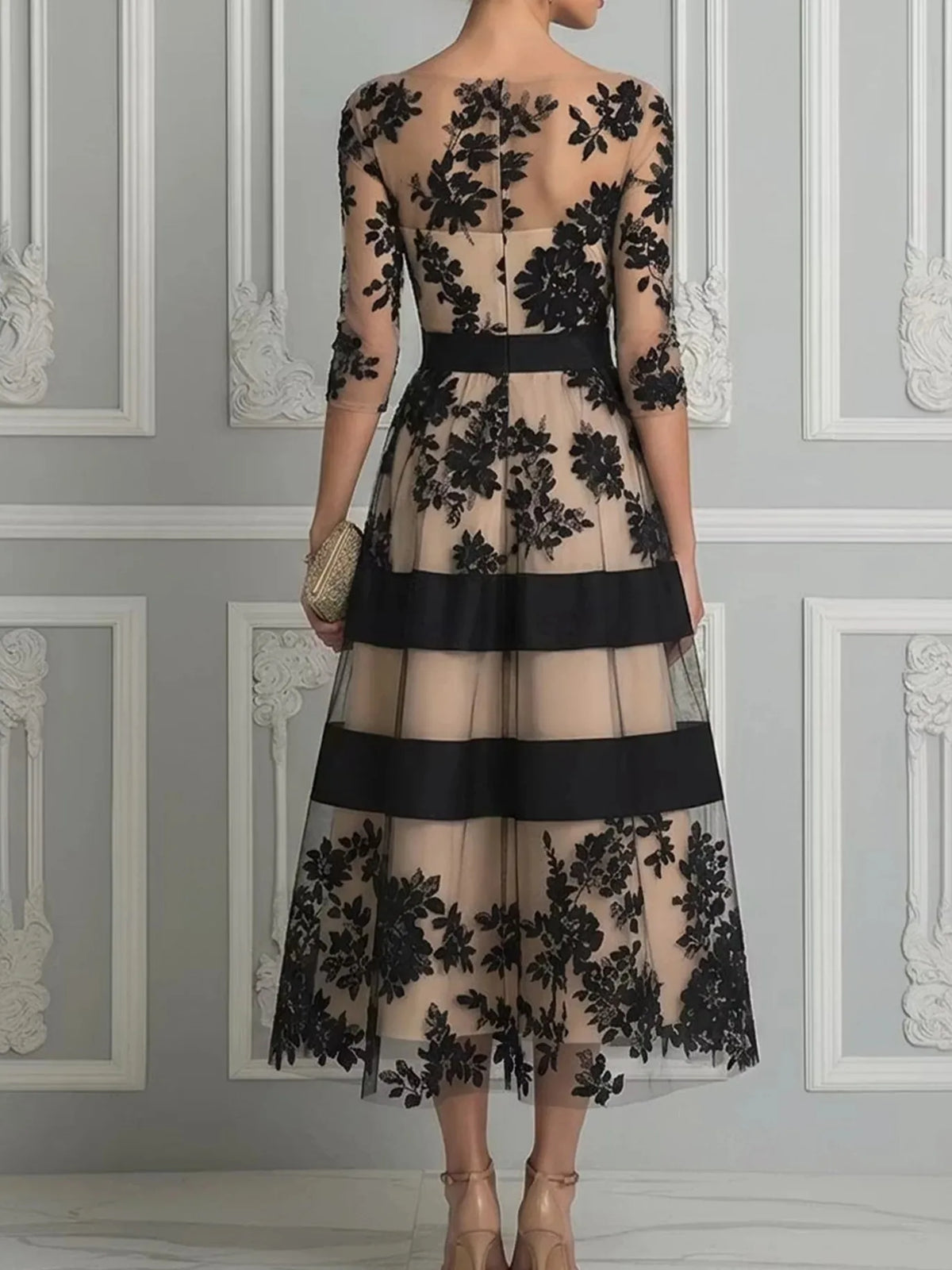 A-Line Evening Dress – Floral Flocking Tulle – Polyester – Black | KIMLUD