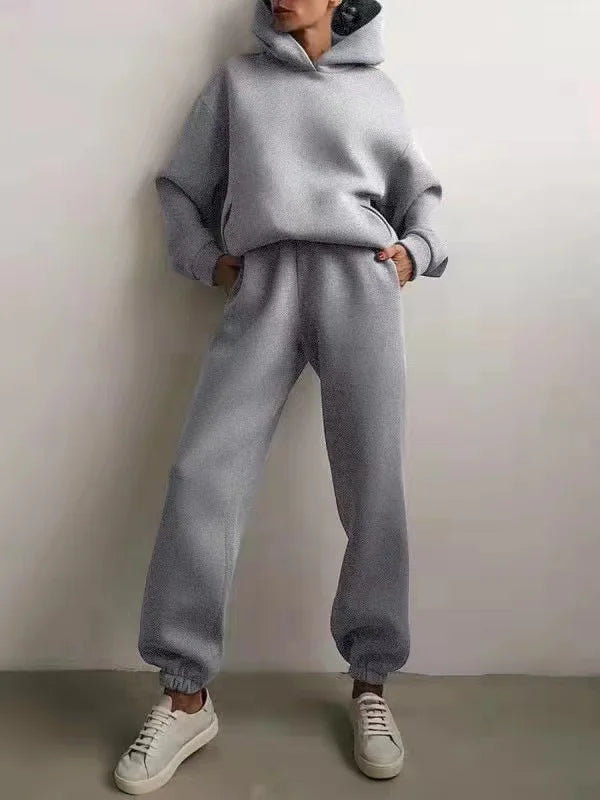 Oversized Tracksuit Set Two Piece Winter Fleece Hoodie and Sweatpants Cozy Warmth — Beige | KIMLUD