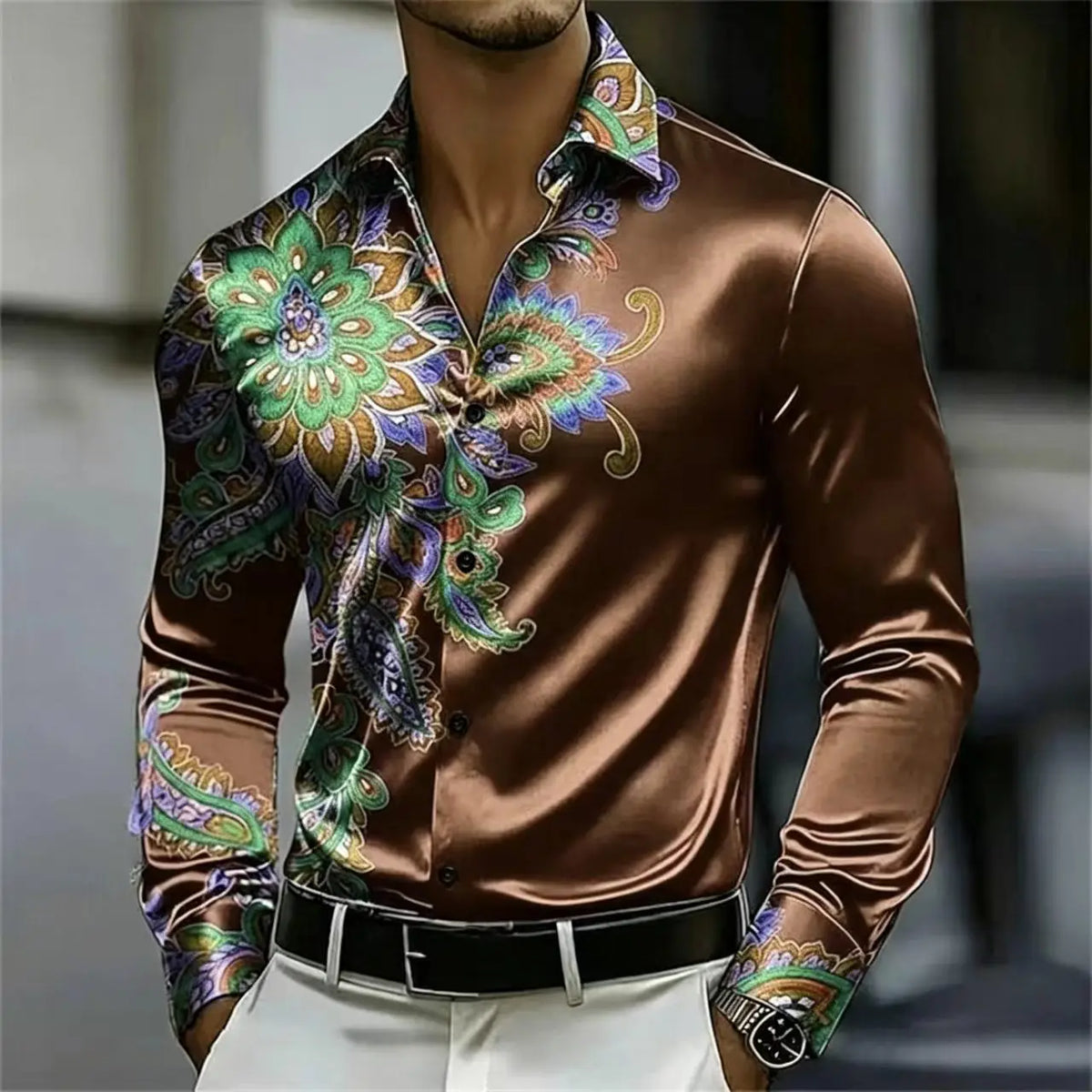 Men's Satin Paisley Print Shirt – Silk Polyester | KIMLUD