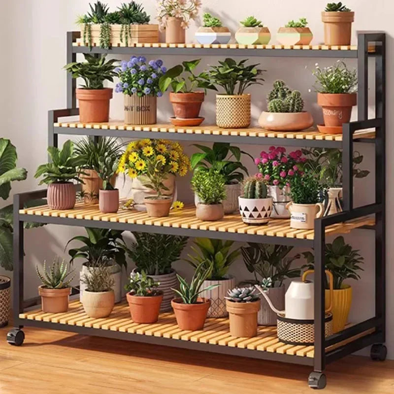 Bamboo Square Outdoor Plant Shelf Rack Five-Tier Display for Garden Outdoors — Black | KIMLUD