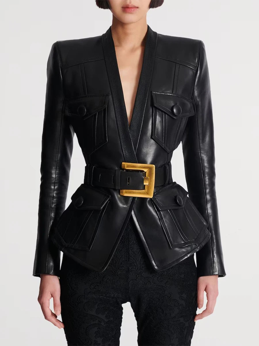 TWOTWINSTYLE Solid Slimming Spliced Pockets Temperament Jackets for Women V Neck Patchwork Button Fashion Jacket Female Clothing