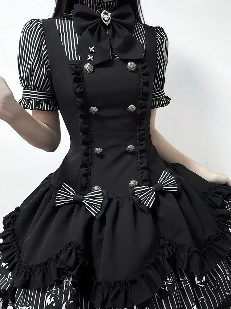 Gothic Striped Lolita Dress Set Puff Sleeve — Black and White | KIMLUD