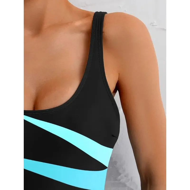 Backless Triangle One Piece Striped Swimsuit — Black | KIMLUD