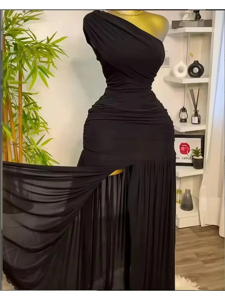 Maxi Dress – One Shoulder Skew Neck – Bodycon – Polyester | KIMLUD