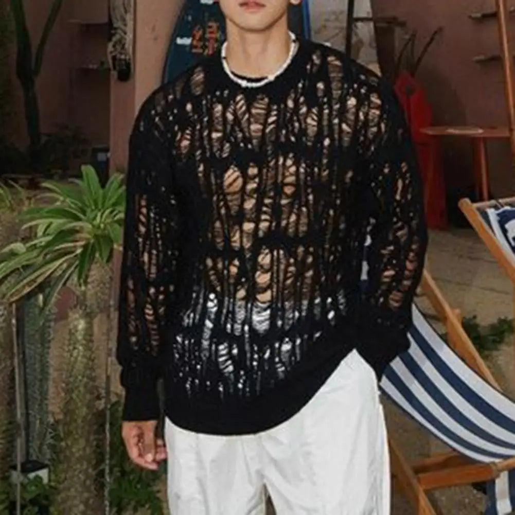 Hollow-Out Mesh Knit Top Crew Neck Long Sleeve — Black | KIMLUD