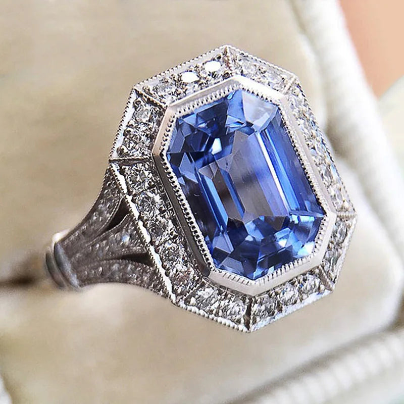 CAOSHI Luxury Blue Crystal Stone Rings with Tiny Flower Cubic Zirconia Pretty Women's Jewelry Elegant Engagement Accessories