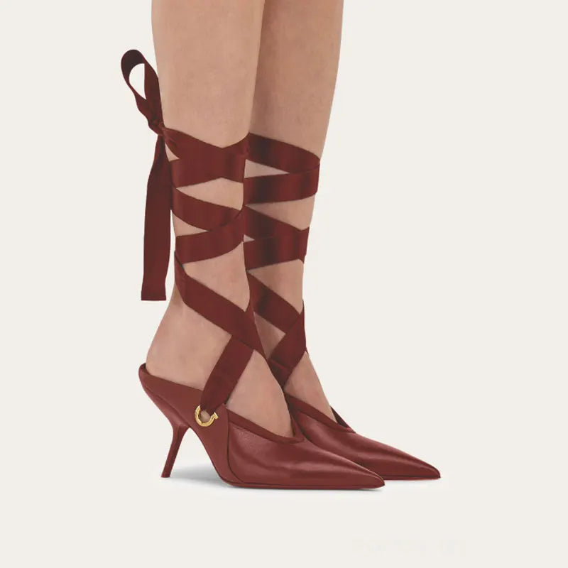 Microfiber Stiletto Ballet Sandals With Delicate Ankle Ribbons For Evening Soirees — Smoky Taupe | KIMLUD
