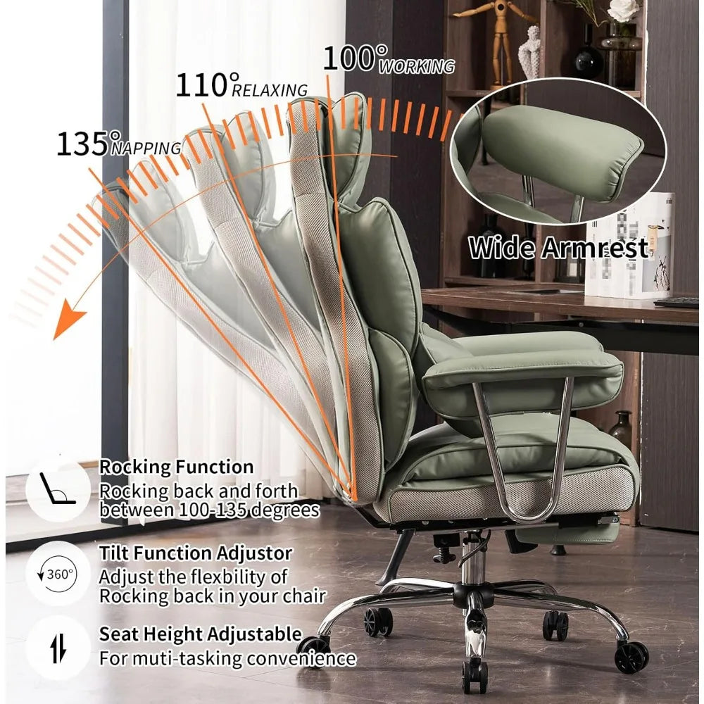 PU Leather Heavy-Duty Executive Office Chair With Footrest For Plus-Size — Sage Green | KIMLUD