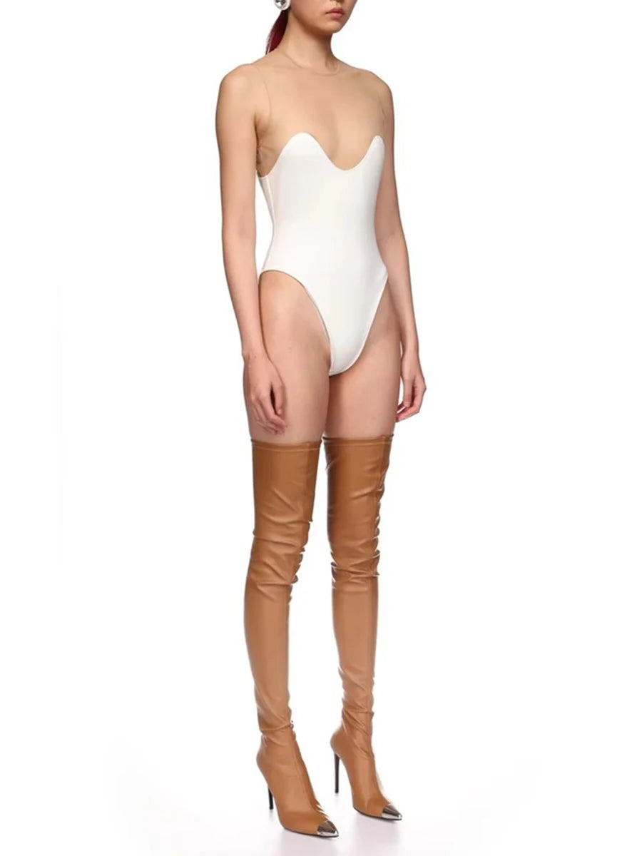 TWOTWINSTYLE Solid Spliced Mesh Slimming Jumpsuit For Women O Collar Sleeveless High Waist Minimalist Jumpsuits Female Fashion