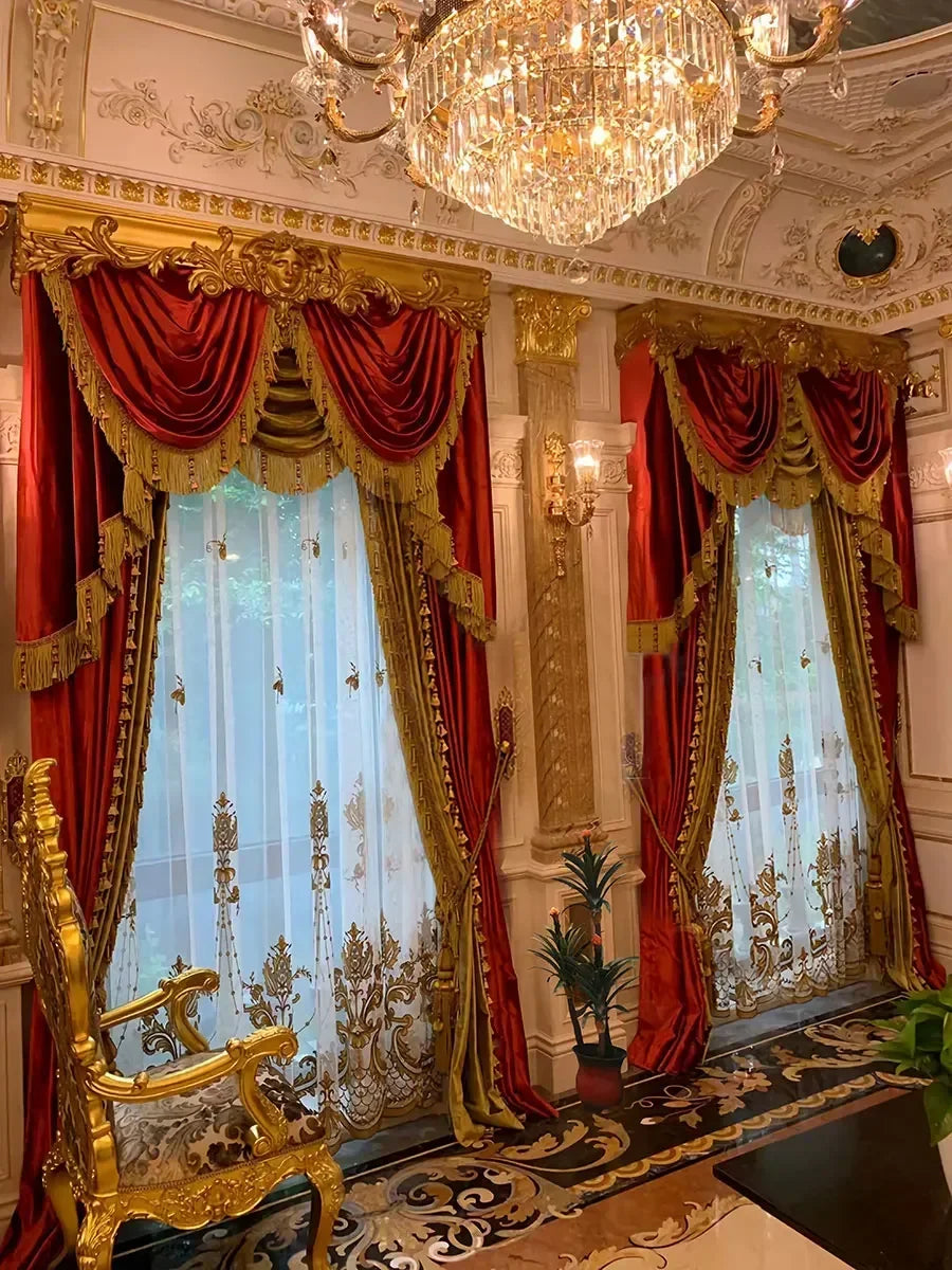 Gold Red Embroidered Window Screen Velvet Splicing Thickened Curtains for Living Room Bedroom French Balcony Villa Valance