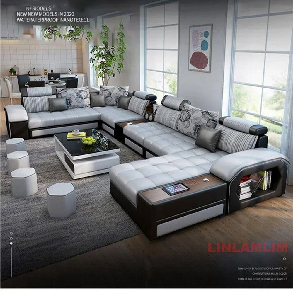 U-Shaped Sectional Fabric Sofa With Storage And Built-In Side Table — Gray | KIMLUD
