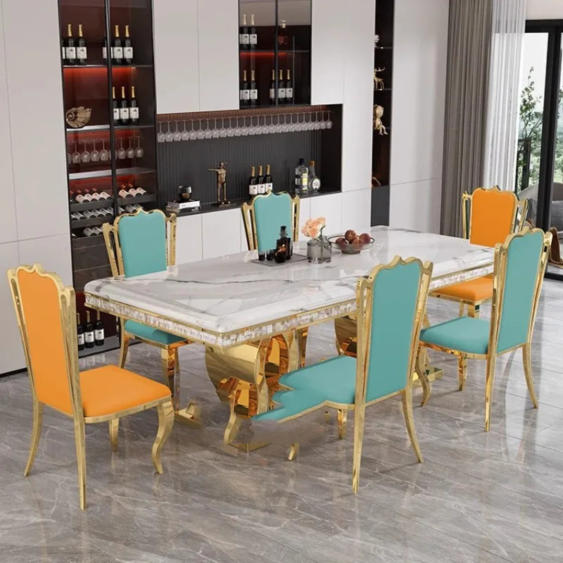 Marble Dining Table Set With Gold-Tone Frame — White | KIMLUD
