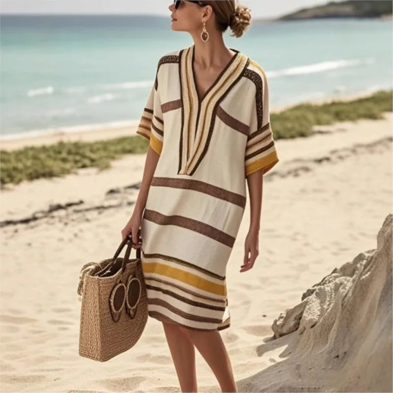 2025 New Vintage Stripe Print Midi Dress Summer Casual Short Sleeve V Neck Vacation Dress For Woman Spring Loose Commute Dresses