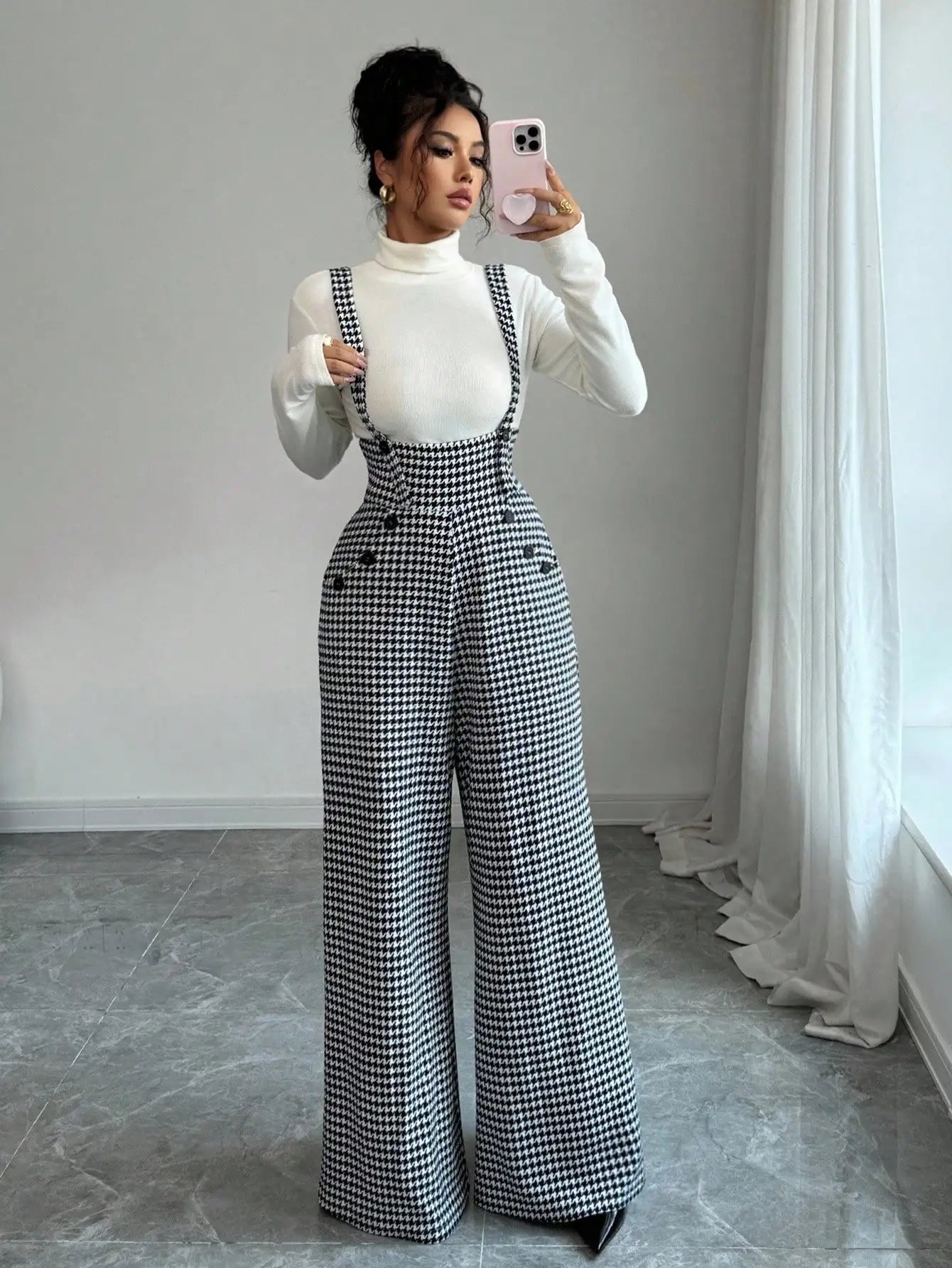 Wide-Leg Jumpsuit Vintage Suspender Silhouette — Black and White | KIMLUD