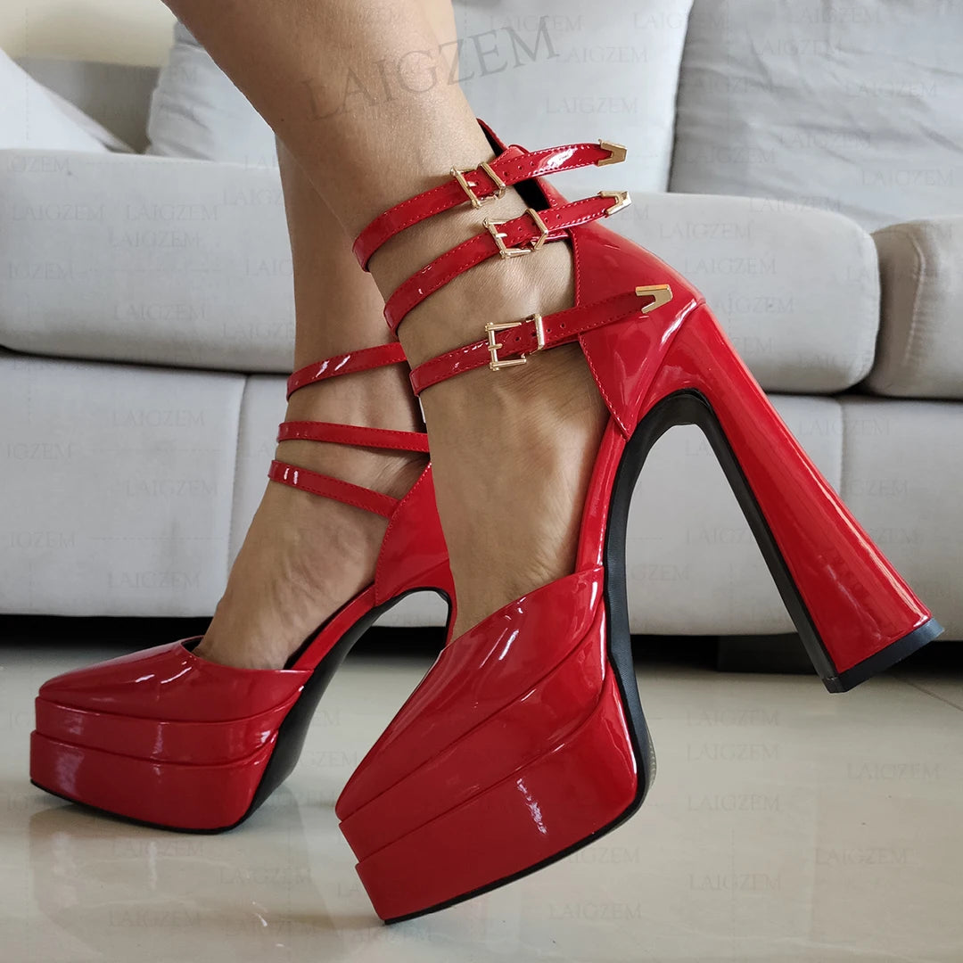 LAIGZEM Women Pumps Pointed Toe Shiny Buckle Straps 14.5CM Thick High Heels Sandals Cosplay Ladies Shoes Woman Big Size 35 41 43