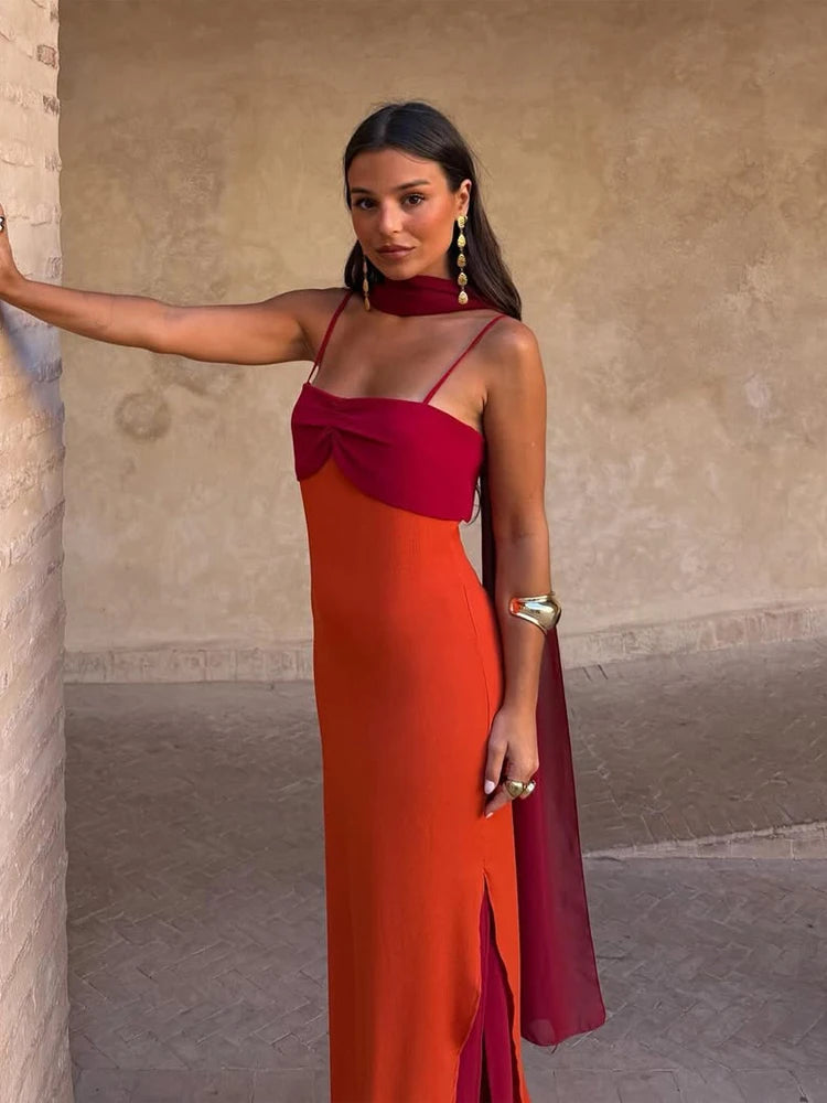 Color Blocking Sling Dress Scarf Collar — Orange Burgundy | KIMLUD