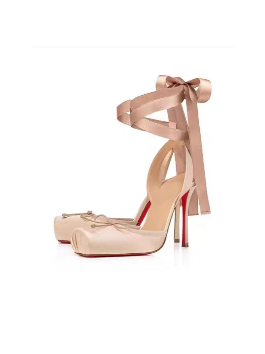New ballet red soled high heels satin ribbon French bow women's shoes rose red cross strap sandals
