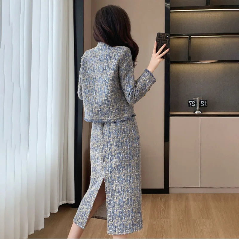 2025 Spring Autumn New Tweed Suit Skirt Women's Fashion Loose Sweet Single-Breasted Casual Chic Jacket Two-Piece Sets