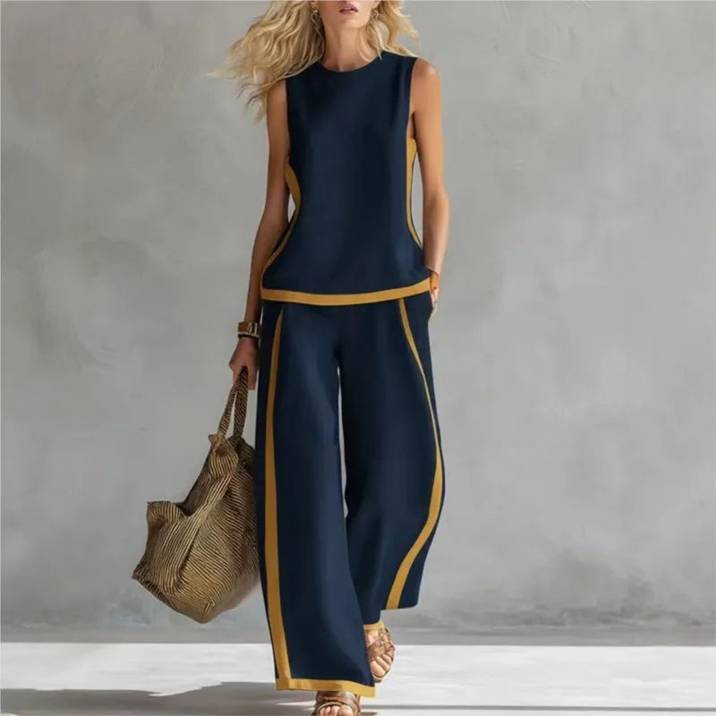 Women's 2-piece Set 2026 New Sleeveless Contrast Wide Leg Pants Suit Summer Casual Fashion Two-piece Trendy Style Women Clothing