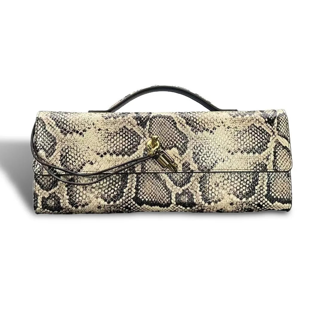 Snakeskin Embossed PU Leather Crossbody Bag Top Handle Evening Clutch — Black | KIMLUD
