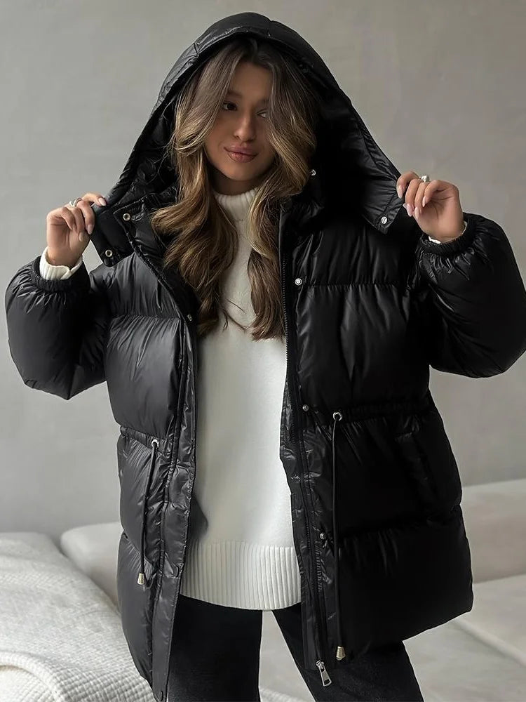 Women Solid Thicken Cotton Jackets Casual Stand Collar Zipper Long Sleeves Lace Up Detachable Hat Coat Winter Lady Warm Outwear