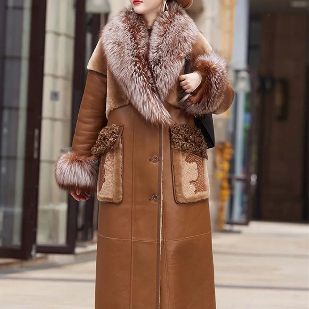 Slim Long Real Leather Jackets Women Fashion Solid Buttons Coats Women Elegant Tie Belt Waist Pockets Jackets Female Ladies