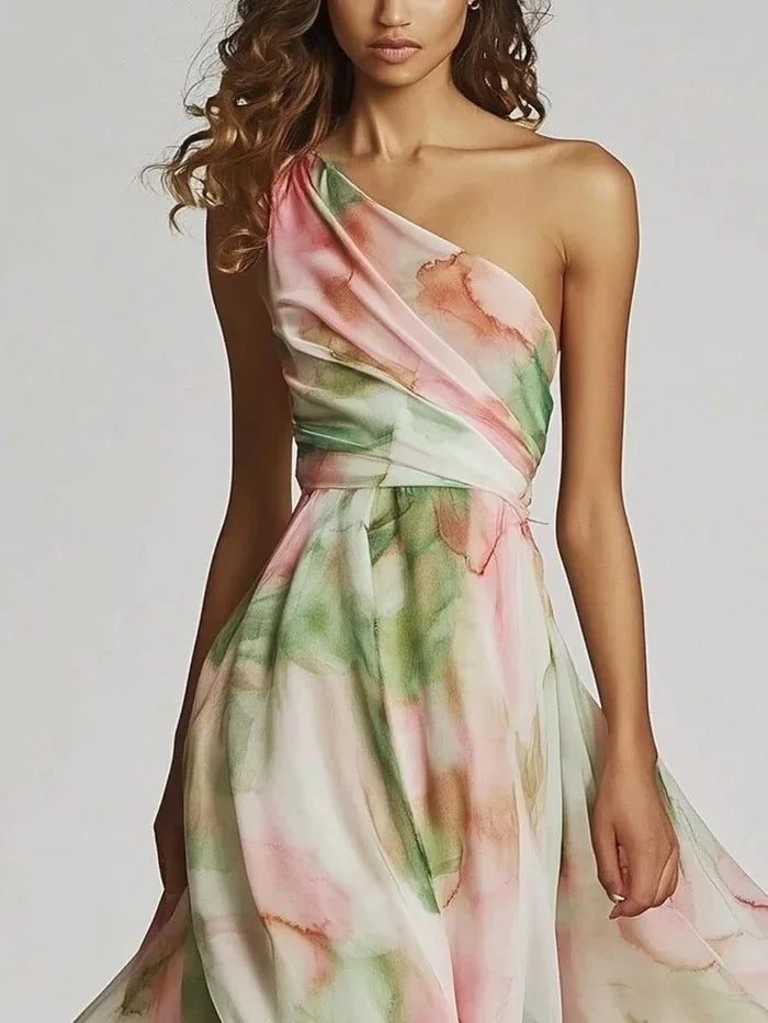 Elegant Women's Dress Sexy One-Shoulder Tie-Dye Party Dress Fashion Sleeveless Printed High Waist Large Hem Skirt Maxi Dress