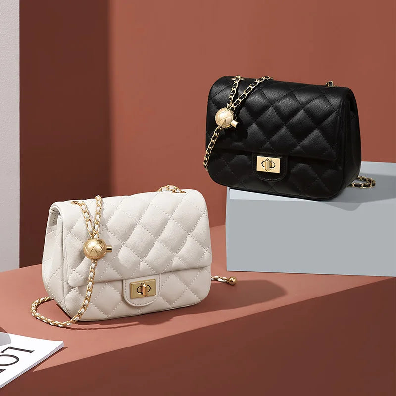 Leather Chain Crossbody Bag With Structured Small Square Silhouette And Polished Hardware — Black | KIMLUD
