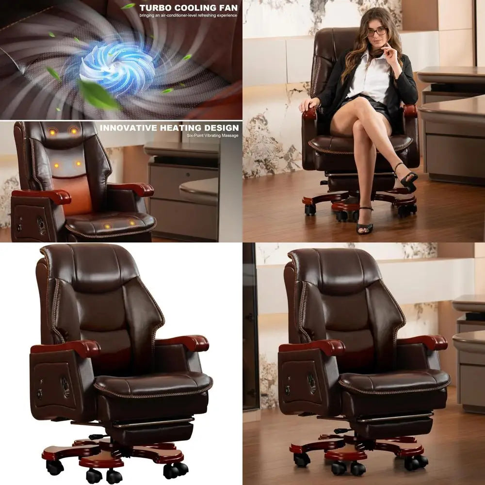 Wood Frame Executive Office Chair With Massage And Heating — Brown | KIMLUD