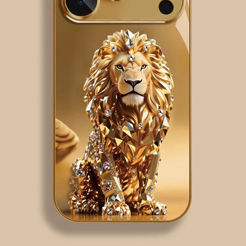 Phone Case – Gold Lion Pattern – Tempered Glass – Gold | KIMLUD