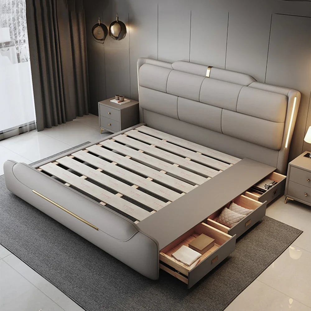 Cowhide-Layered Upholstery Storage Bed With Three Drawers — Charcoal | KIMLUD
