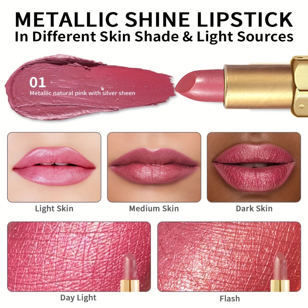 6 Colors Gold Bar Tube Lipstick Diamond Pearlescent Glitter Gold Pink Lips Stick Long-Lasting Non-Sticky High-Shine Makeup