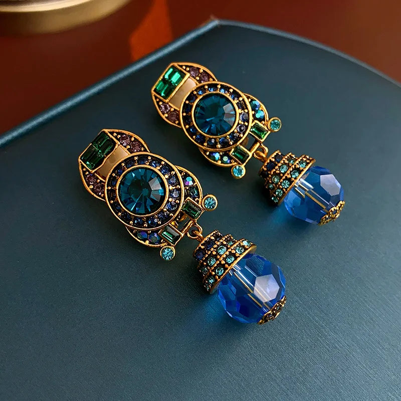 Rhinestone Ear Clip Geometric Water Drop Earrings — Blue | KIMLUD